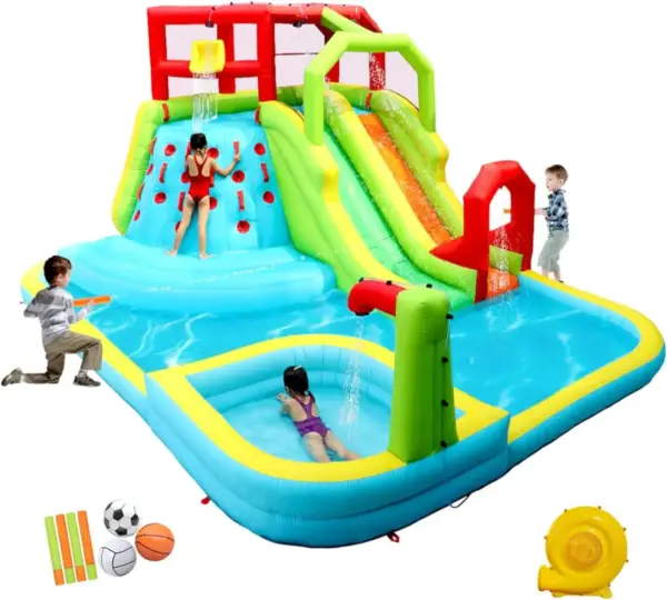 Inflatable Water Slide Park - Splash Pool - Climbing Wall - 3 Sport Balls - 4 Water Guns