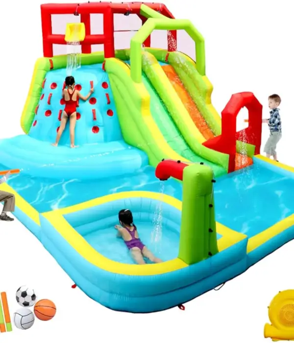 Inflatable Water Slide Park - Splash Pool - Climbing Wall - 3 Sport Balls - 4 Water Guns