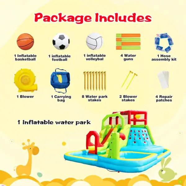 Inflatable Water Slide Park - Splash Pool - Climbing Wall - 3 Sport Balls - 4 Water Guns - Package Include